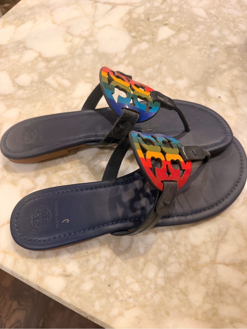 Tory Burch Navy Leather Sandals with Rainbow Logo Medallions - Picture 3 of 3